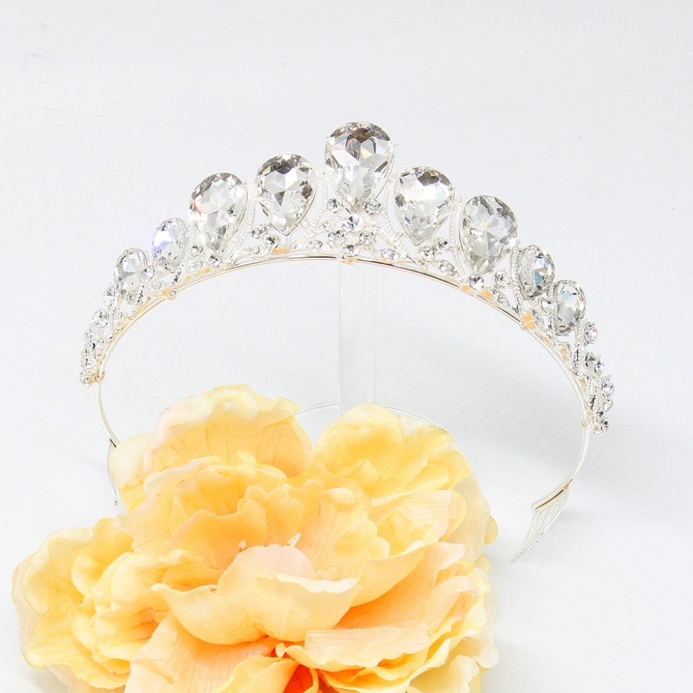 Silver Clear Crystal Princess Teardrop Rhinestone Tiara Crown Glass